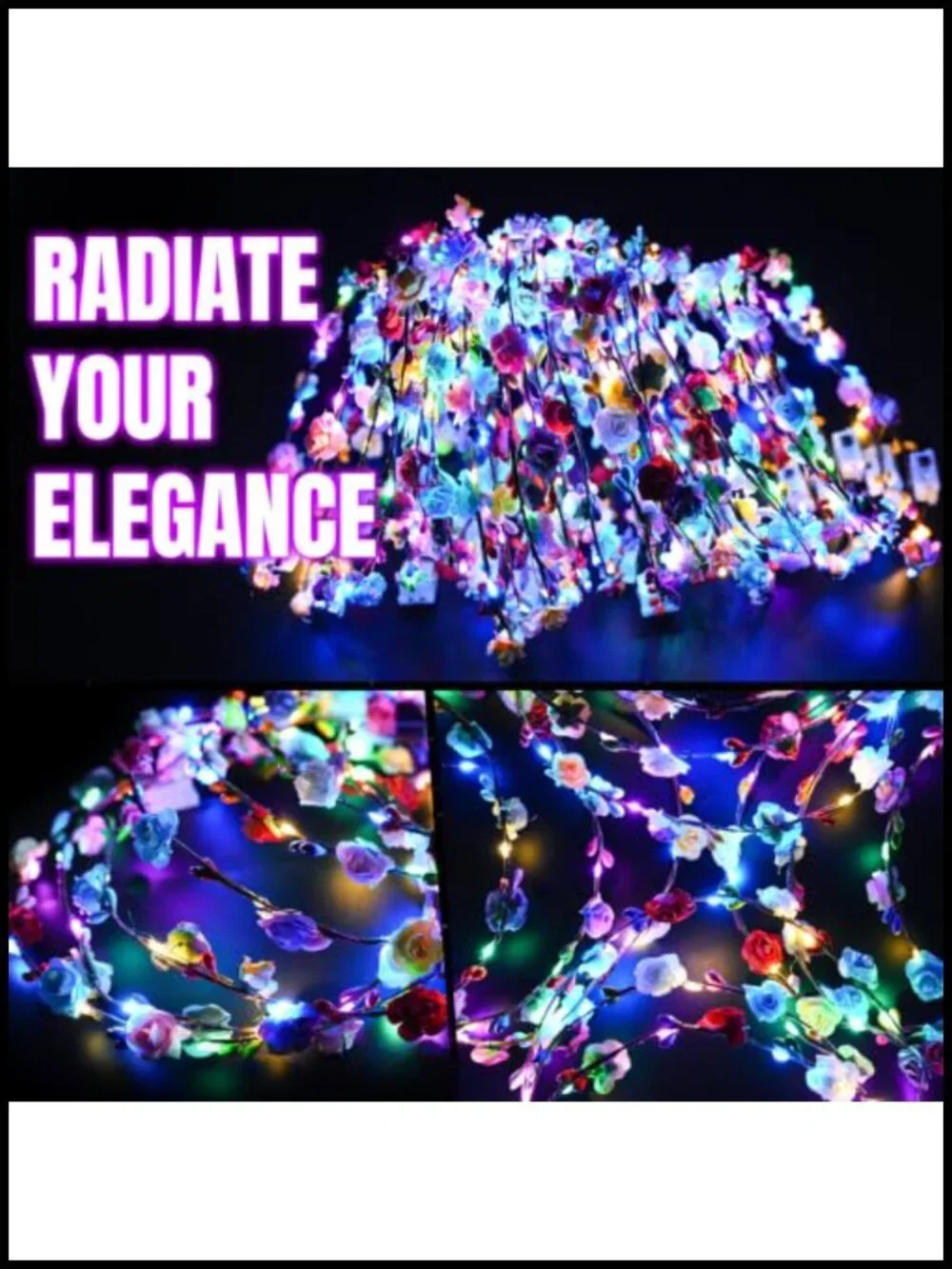 24 LED Flower Crown Headbands Glow in the Dark Party Supplies Bulk